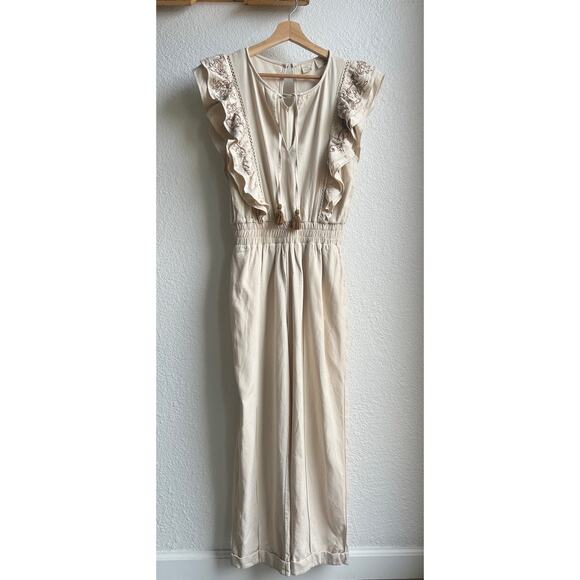 Especia Flora Tan Ruffle Embroidered Linen Jumpsuit - Picture 4 of 10